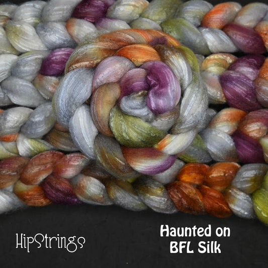 Haunted on Hand Dyed 75/25 Blue Faced Leicester Tussah Silk Combed Wool Top 4 oz