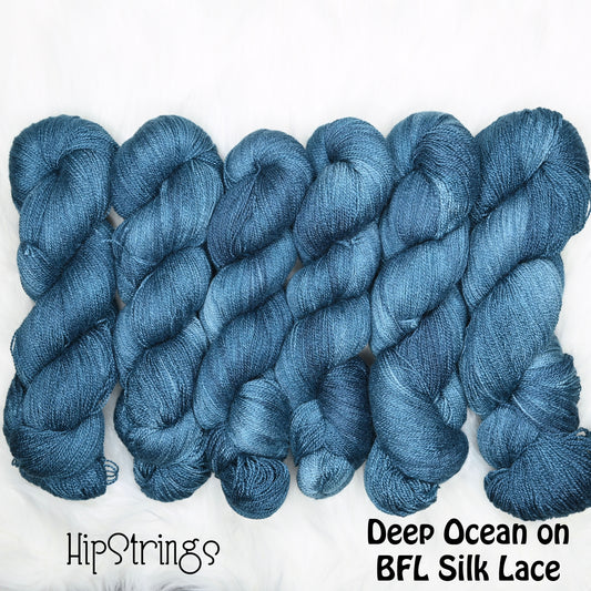 Deep Ocean on Hand Dyed SW BFL Wool Silk Lace Yarn - 100g