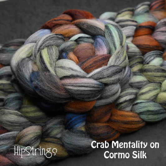Crab Mentality on Hand Dyed 80/20 Cormo Wool Tussah Silk Combed Top - 4 oz