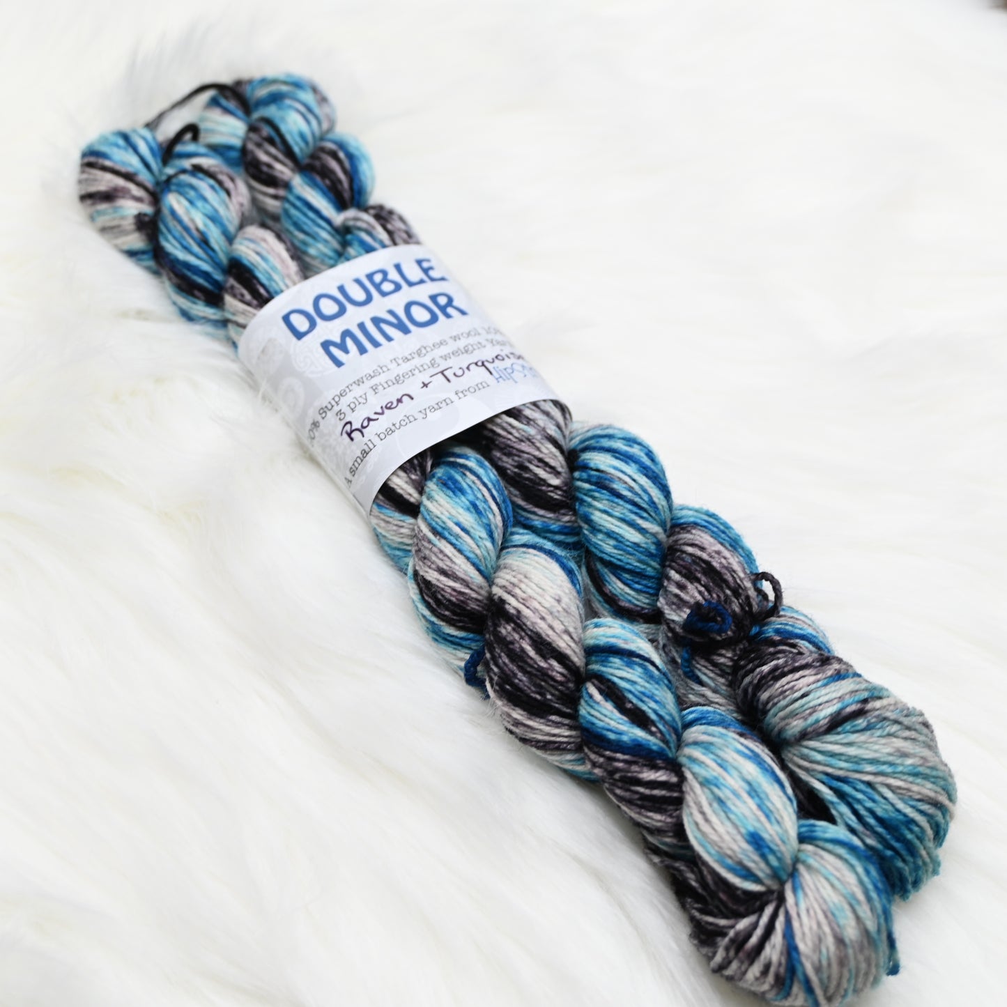 Double Minor SW Targhee Nylon Sock Yarn - Raven and Turquoise - 100g