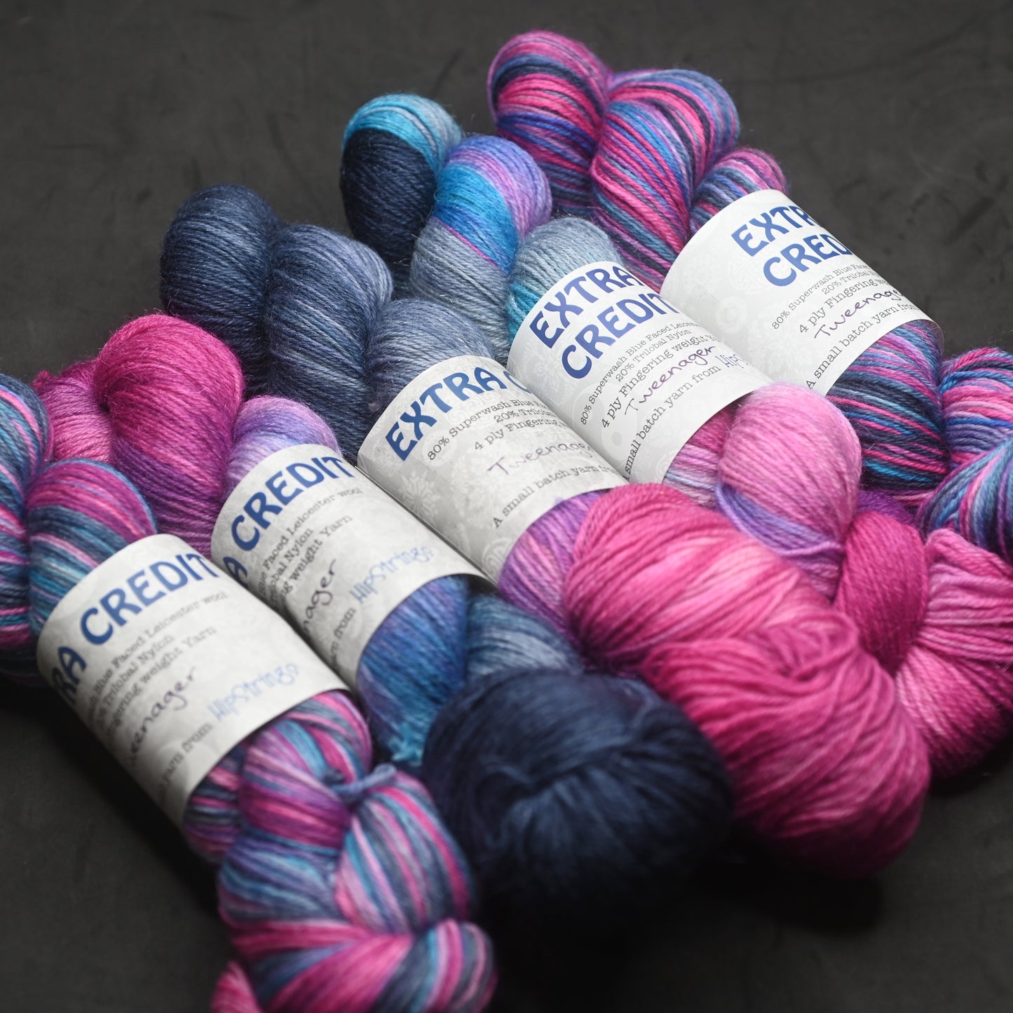 Tweenager on Hand Dyed SW Blue Faced Leicester Nylon Sock yarn - 437