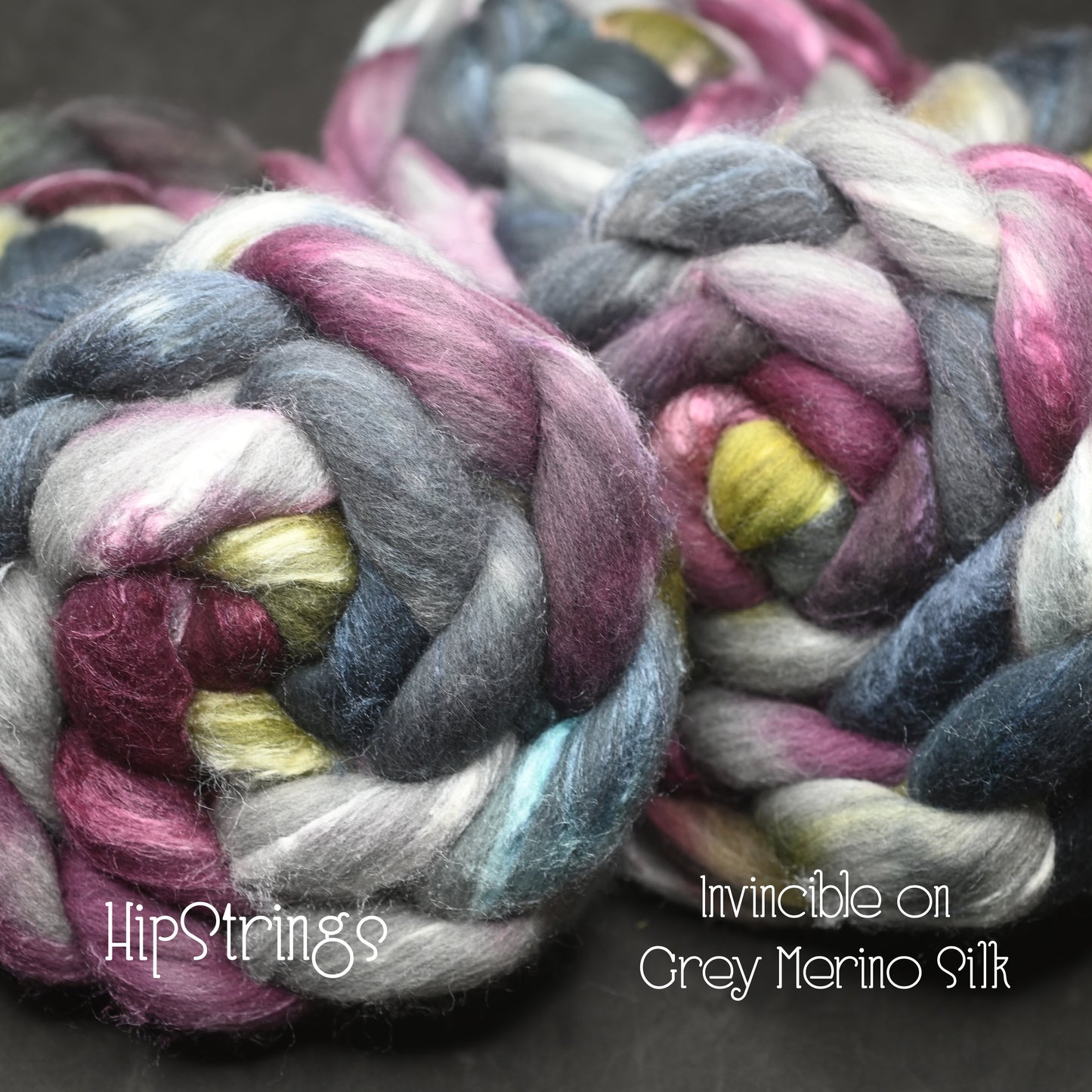 Invincible on Hand Dyed Grey Merino/Tussah Silk Combed Top 4 oz