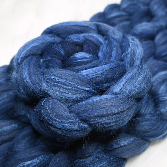 Navy on Hand Dyed Grey Merino Tussah Silk Combed Top 4 oz