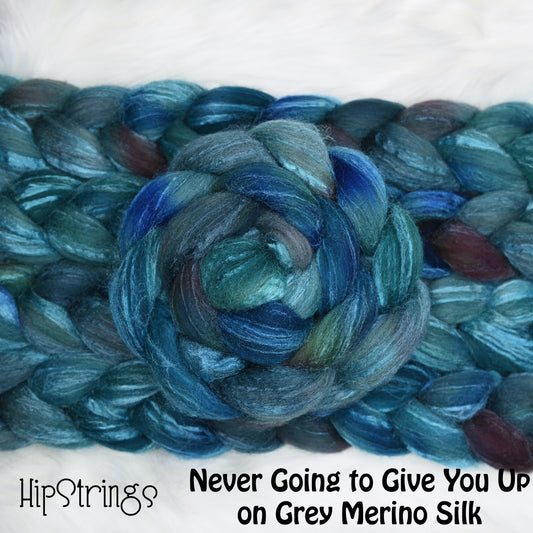 Never Going to Give You Up on Hand Dyed Grey Merino/Tussah Silk Combed Top 4 oz
