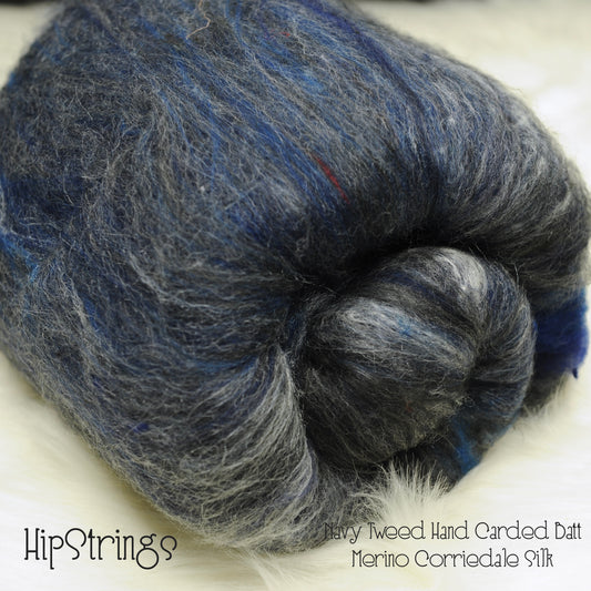 Navy Tweed Hand Carded Batts - Merino Silk 4 oz