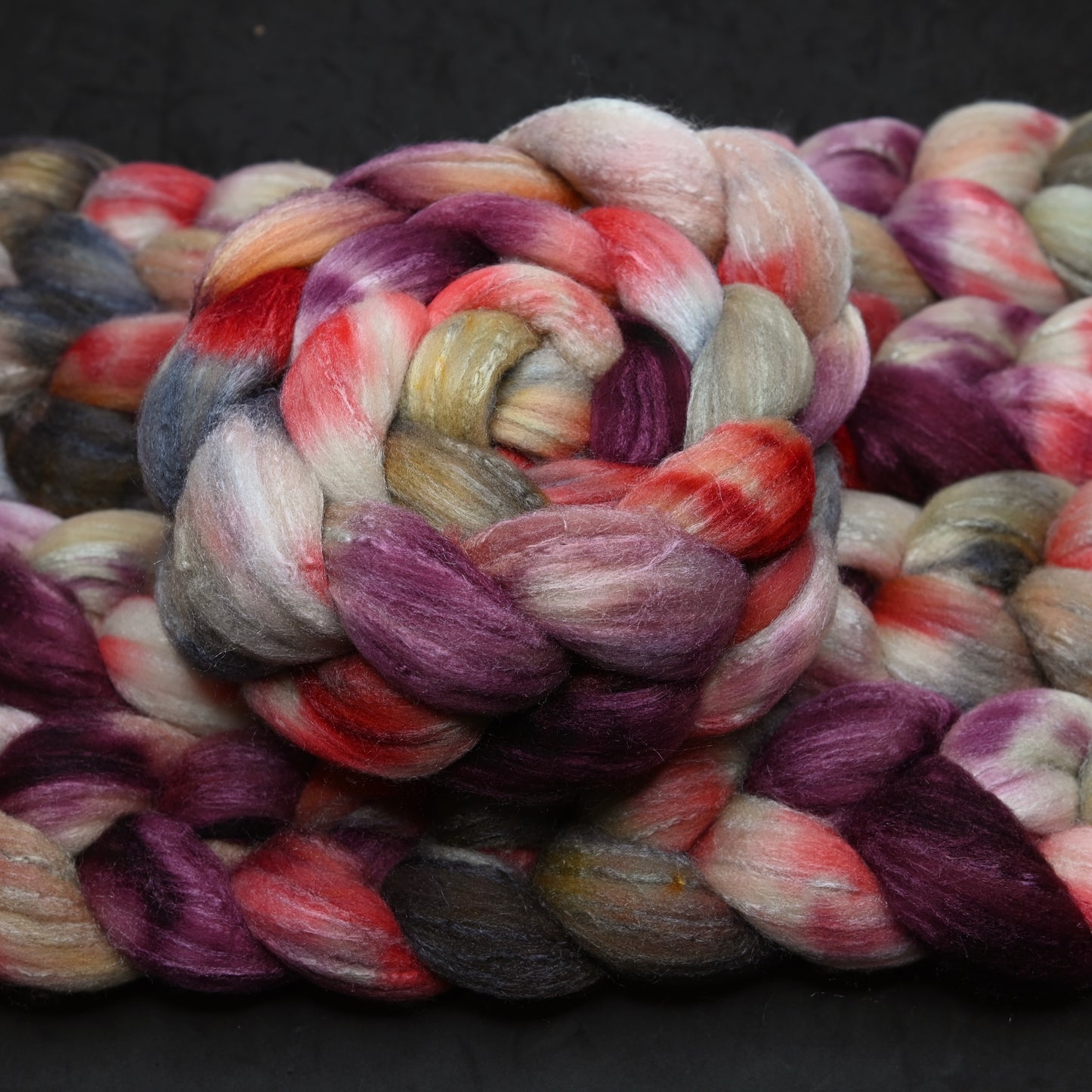 Strawberry Rhubarb on Hand Dyed 80/20 Rambouillet Wool Tussah Silk Combed Top - 4 oz