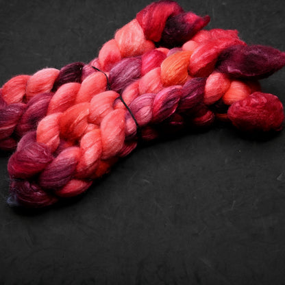Fifty Shades of Malus on Hand Dyed 72/25 Blue Faced Leicester Tussah Silk Combed Wool Top 4 oz