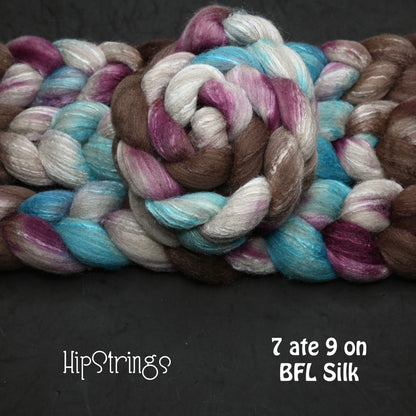 7 ate 9 on Hand Dyed 85/15 Blue Faced Leicester Tussah Silk Combed Wool Top 4 oz