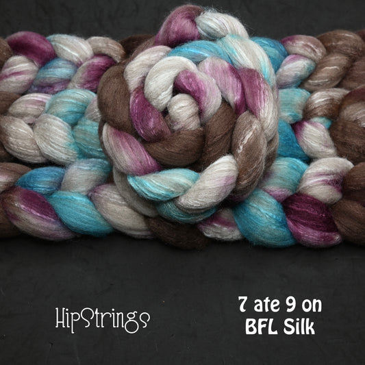 7 ate 9 on Hand Dyed 85/15 Blue Faced Leicester Tussah Silk Combed Wool Top 4 oz