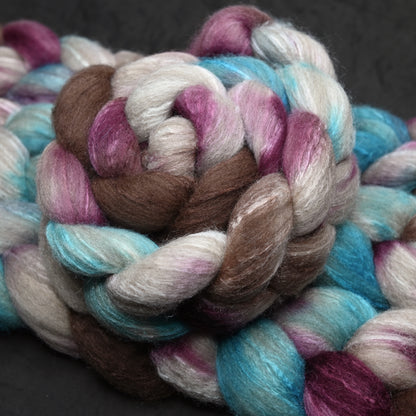 7 ate 9 on Hand Dyed 85/15 Blue Faced Leicester Tussah Silk Combed Wool Top 4 oz