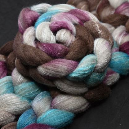7 ate 9 on Hand Dyed 85/15 Blue Faced Leicester Tussah Silk Combed Wool Top 4 oz