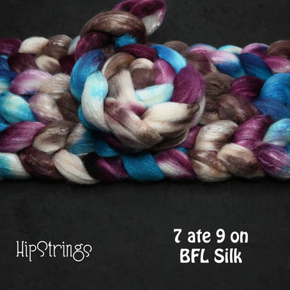 7 ate 9 on Hand Dyed 72/25 Blue Faced Leicester Tussah Silk Combed Wool Top 4 oz