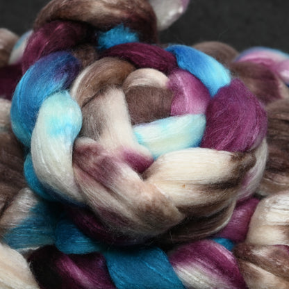 7 ate 9 on Hand Dyed 72/25 Blue Faced Leicester Tussah Silk Combed Wool Top 4 oz