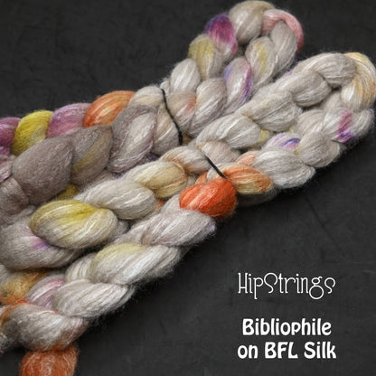 Bibliophile on Hand Dyed 85/15 Blue Faced Leicester Tussah Silk Combed Wool Top 4 oz