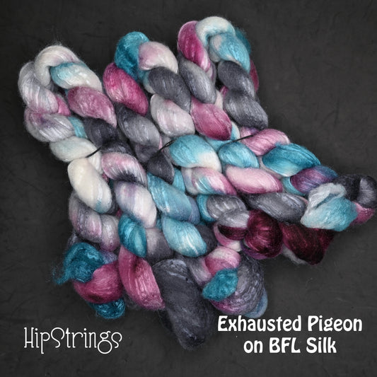 Exhausted Pigeon on Hand Dyed 72/25 Blue Faced Leicester Tussah Silk Combed Wool Top 4 oz