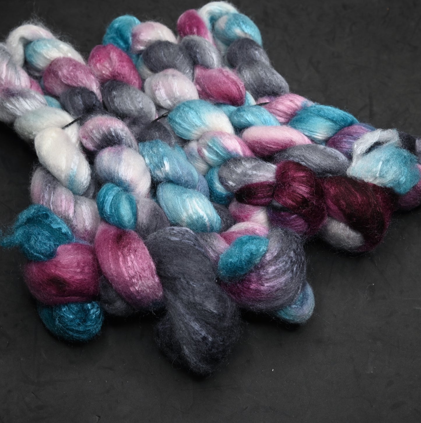 Exhausted Pigeon on Hand Dyed 72/25 Blue Faced Leicester Tussah Silk Combed Wool Top 4 oz