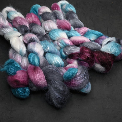 Exhausted Pigeon on Hand Dyed 72/25 Blue Faced Leicester Tussah Silk Combed Wool Top 4 oz
