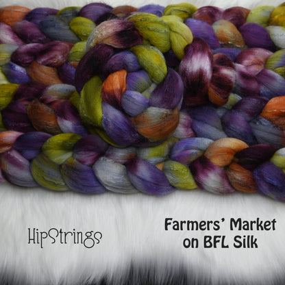 Farmers' Market on Hand Dyed 72/25 Blue Faced Leicester Tussah Silk Combed Wool Top 4 oz