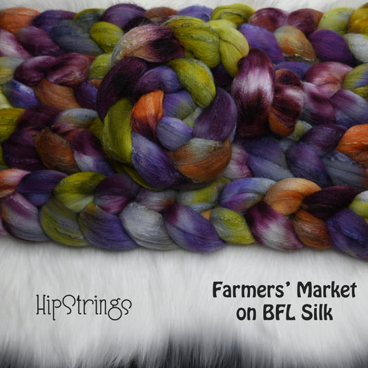 Farmers' Market on Hand Dyed 72/25 Blue Faced Leicester Tussah Silk Combed Wool Top 4 oz