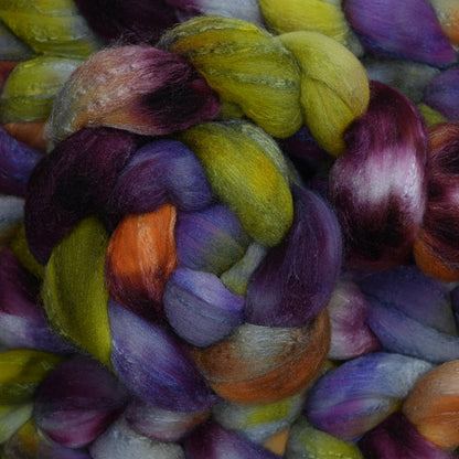 Farmers' Market on Hand Dyed 72/25 Blue Faced Leicester Tussah Silk Combed Wool Top 4 oz