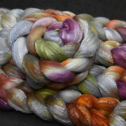 Haunted on Hand Dyed 75/25 Blue Faced Leicester Tussah Silk Combed Wool Top 4 oz