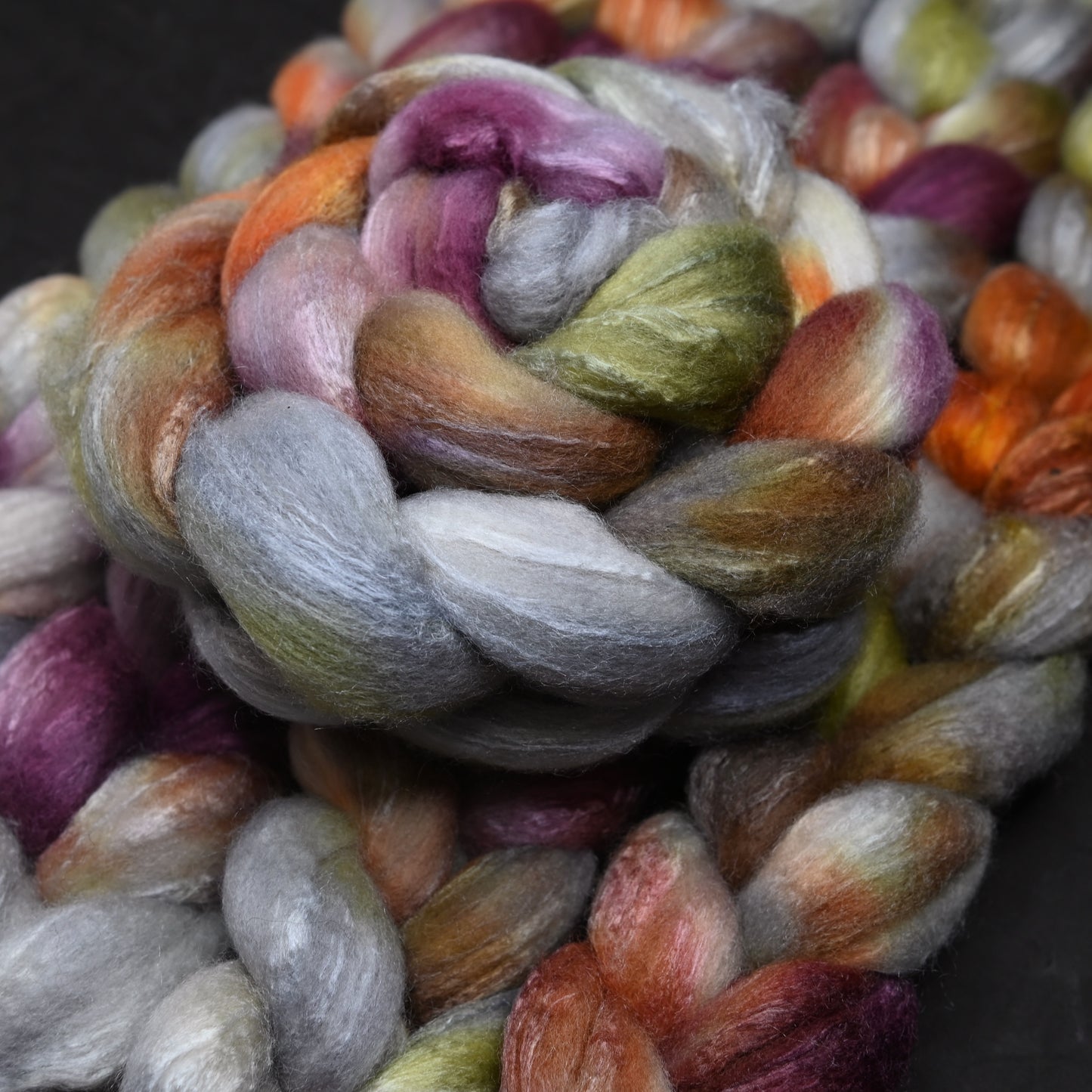 Haunted on Hand Dyed 75/25 Blue Faced Leicester Tussah Silk Combed Wool Top 4 oz