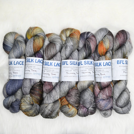 Mourning Dove on Hand Dyed SW BFL Silk Lace Yarn - 100g