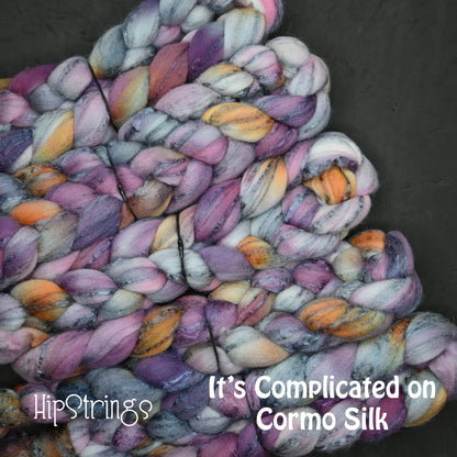 It's Complicated on Hand Dyed 80/20 Cormo Wool Tussah Silk Combed Top - 4 oz