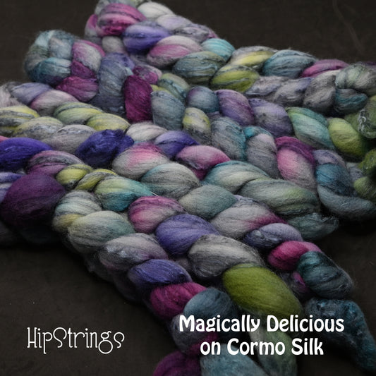 Magically Delicious on Hand Dyed 80/20 Cormo Wool Tussah Silk Combed Top - 4 oz