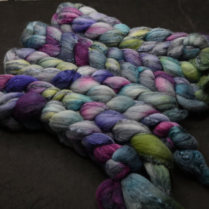 Magically Delicious on Hand Dyed 80/20 Cormo Wool Tussah Silk Combed Top - 4 oz