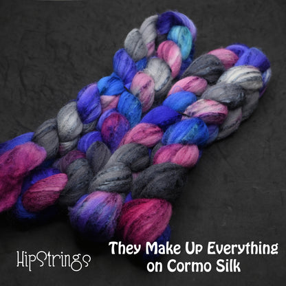 They Make Up Everything on Hand Dyed 80/20 Cormo Wool Tussah Silk Combed Top - 4 oz