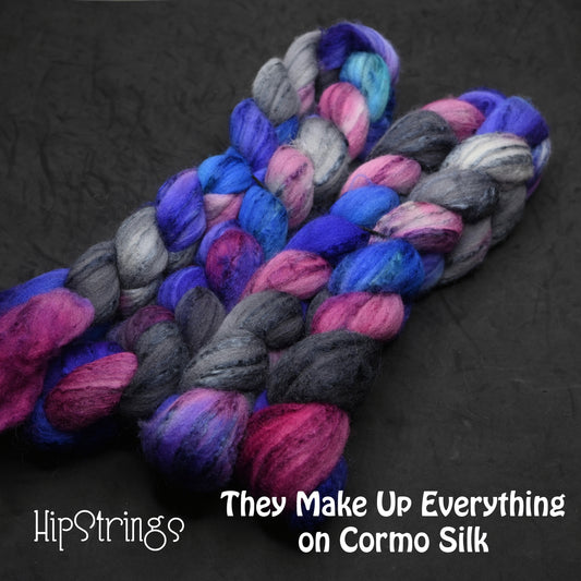 They Make Up Everything on Hand Dyed 80/20 Cormo Wool Tussah Silk Combed Top - 4 oz