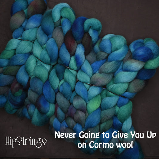 Never Going to Give You Up on Hand Dyed Cormo Wool Combed Top - 4 oz