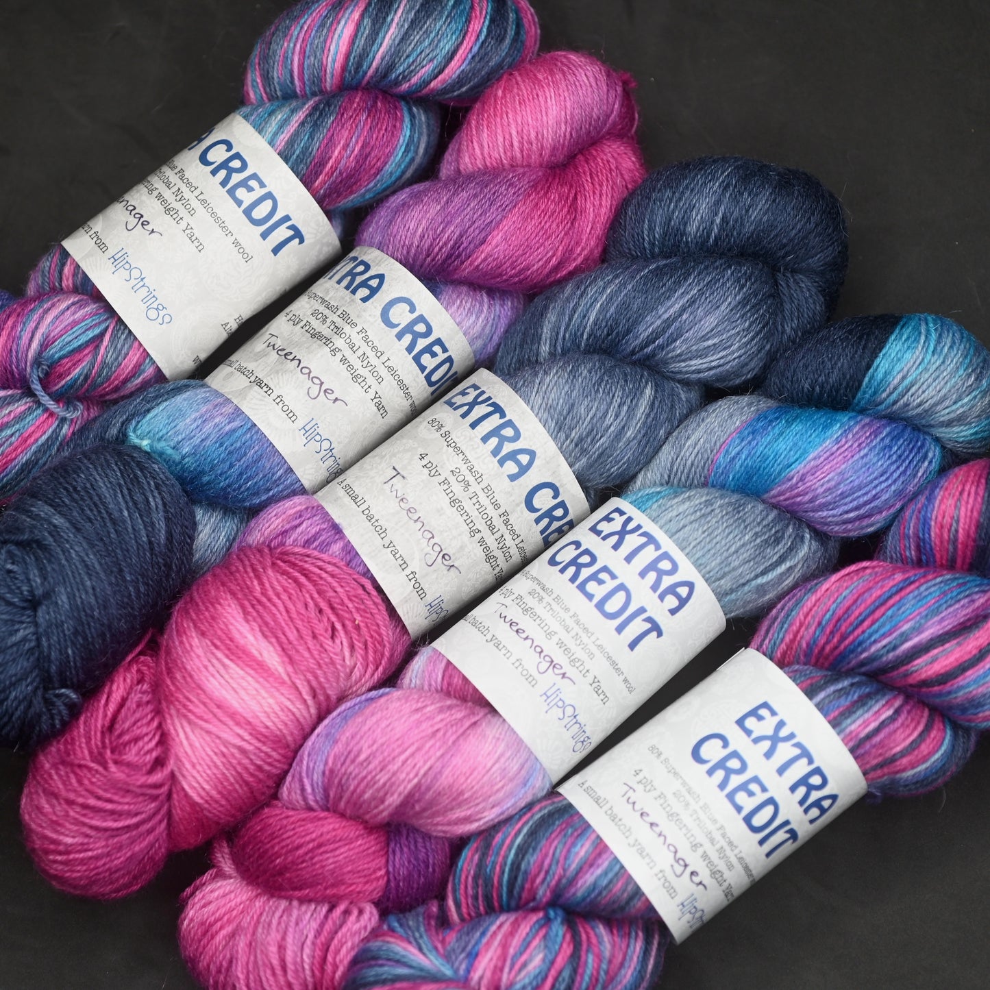 Tweenager on Hand Dyed SW Blue Faced Leicester Nylon Sock yarn - 437