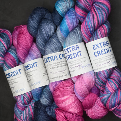 Tweenager on Hand Dyed SW Blue Faced Leicester Nylon Sock yarn - 437