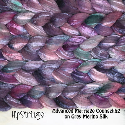Advanced Marriage Counseling on Hand Dyed Grey Merino/Tussah Silk Combed Top 4 oz