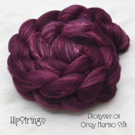 Dionysus on Hand Dyed Grey Merino Tussah Silk Combed Top 4 oz