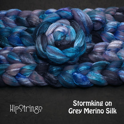 Stormking on Hand Dyed Grey Merino Tussah Silk Combed Top 4 oz