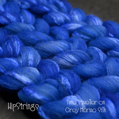 Time Traveler on Hand Dyed Grey Merino Tussah Silk Combed Top 4 oz