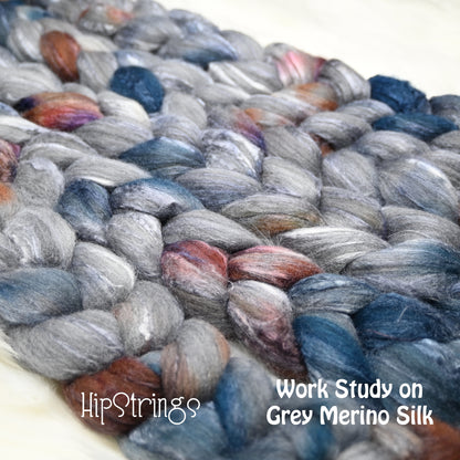 Work Study on Hand Dyed Grey Merino/Tussah Silk Combed Top 4 oz