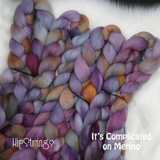 It's Complicated on Hand Dyed 21.5 micron Merino Wool Combed Top - 4 oz