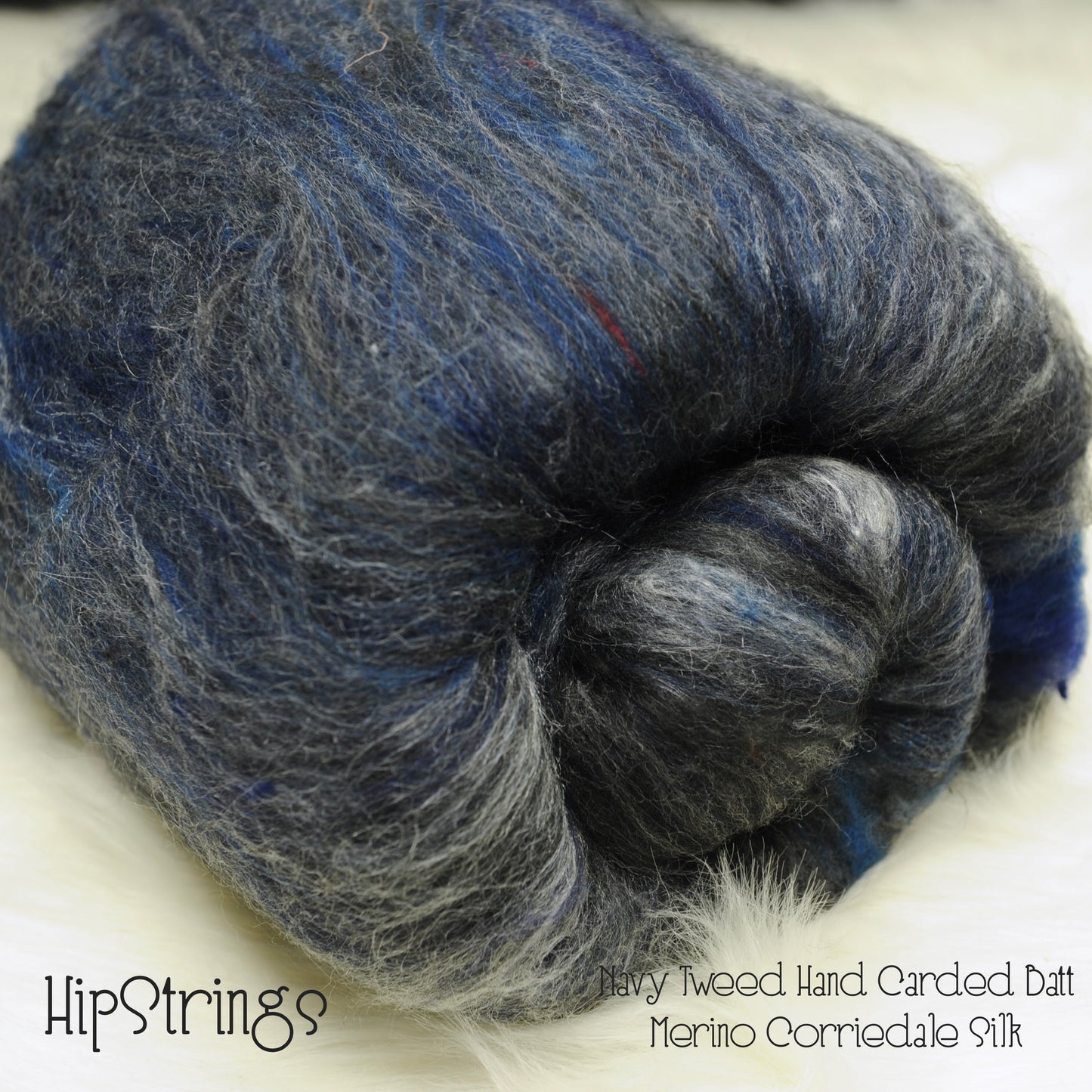 Navy Tweed Hand Carded Batts - Merino Corriedale Silk 4 oz