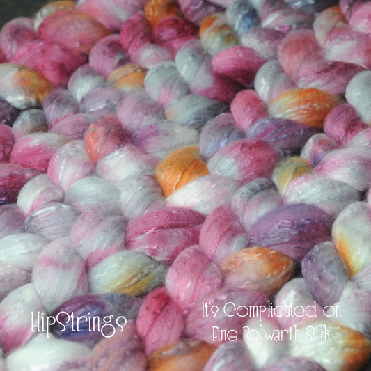 It's Complicated on Hand Dyed Fine Polwarth Silk Combed Top - 4 oz