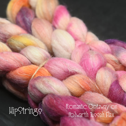 Romantic Getaway on Hand Dyed Polwarth/Silk/Flax Combed Top - 4 oz