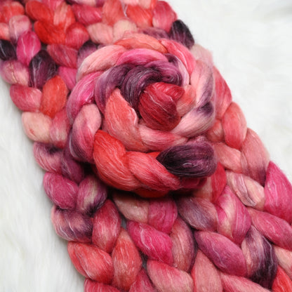 Fifty Shades of Malus on Hand Dyed Polwarth Silk Ramie Combed Top - 4 oz