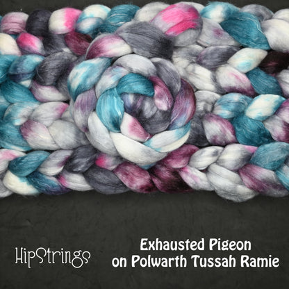 Exhausted Pigeon on Hand Dyed Polwarth Silk Ramie Combed Top - 4 oz