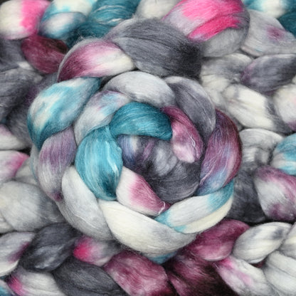 Exhausted Pigeon on Hand Dyed Polwarth Silk Ramie Combed Top - 4 oz