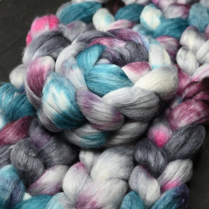 Exhausted Pigeon on Hand Dyed Polwarth Silk Ramie Combed Top - 4 oz