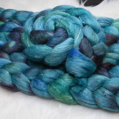 Never Going to Give You Up on Hand Dyed Polwarth Silk Ramie Combed Top - 4 oz