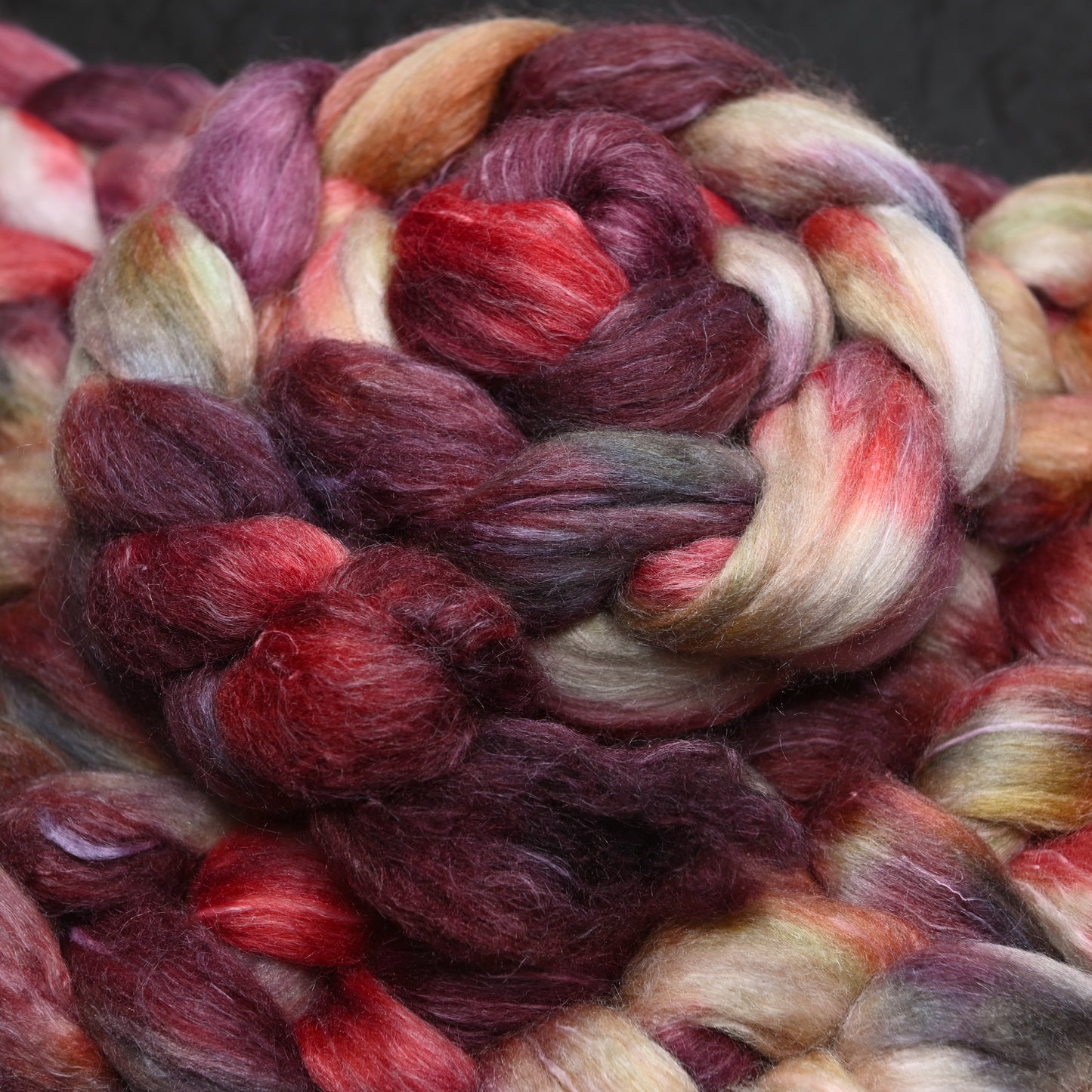 Strawberry Rhubarb on Hand Dyed Polwarth Silk Ramie Combed Top - 4 oz
